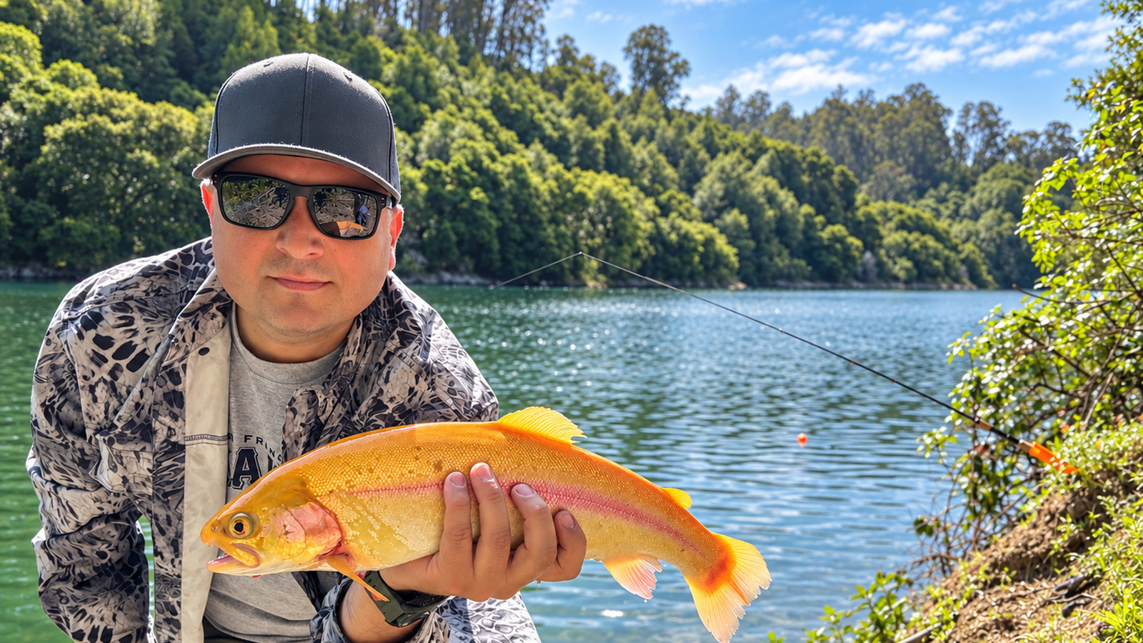 Angler holding a California lightning trout with brilliant golden-yellow coloring beside a lake.